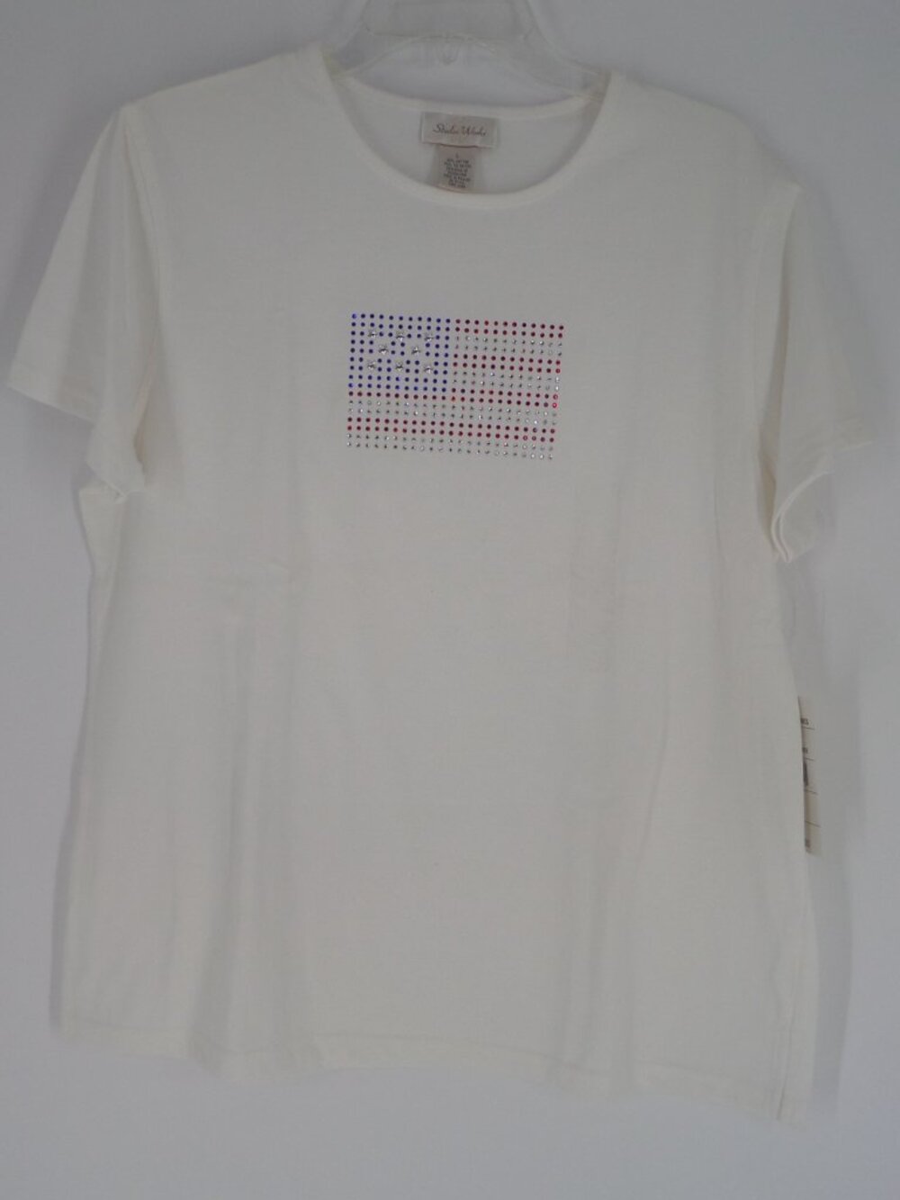 Studio Works Woman's Short Sleeve Top White Color Flag Embellishment Sz Large
